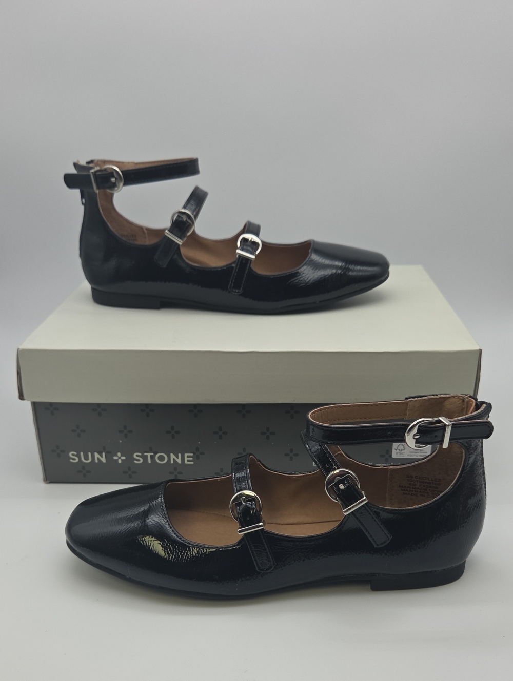 Sun + Stone Black Patent Triple-Strap Ankle Flats